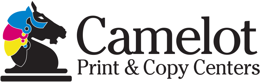 Camelot Print & Copy Centers logo featuring a stylized knight chess piece with colorful mane, representing the brand's commitment to print and copy services.
